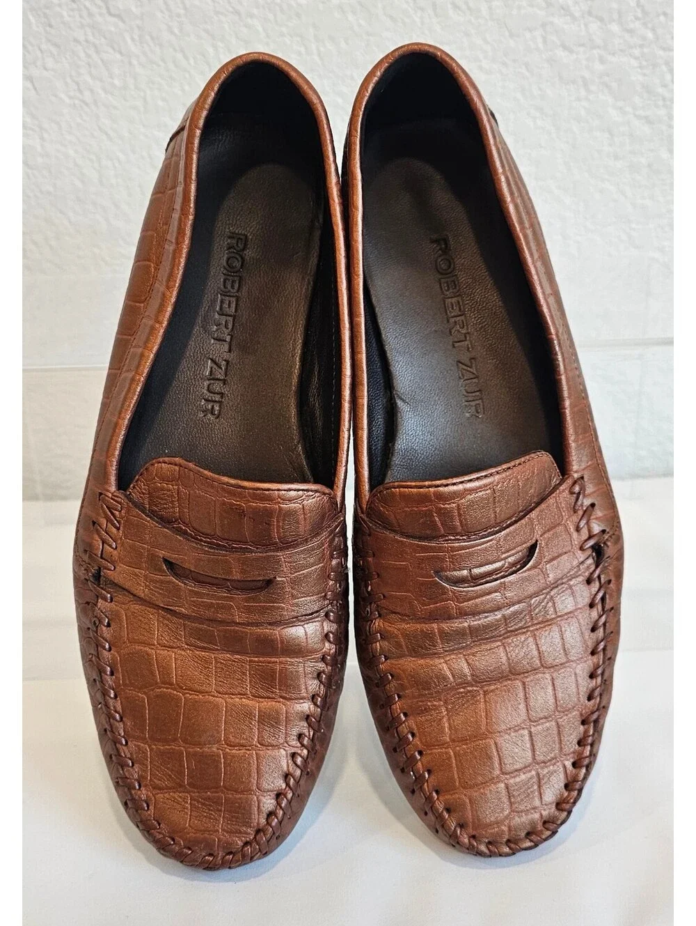 Robert Zur Women’s 6 M Brown Croc Embossed Leather Driving Loafers Made Italy